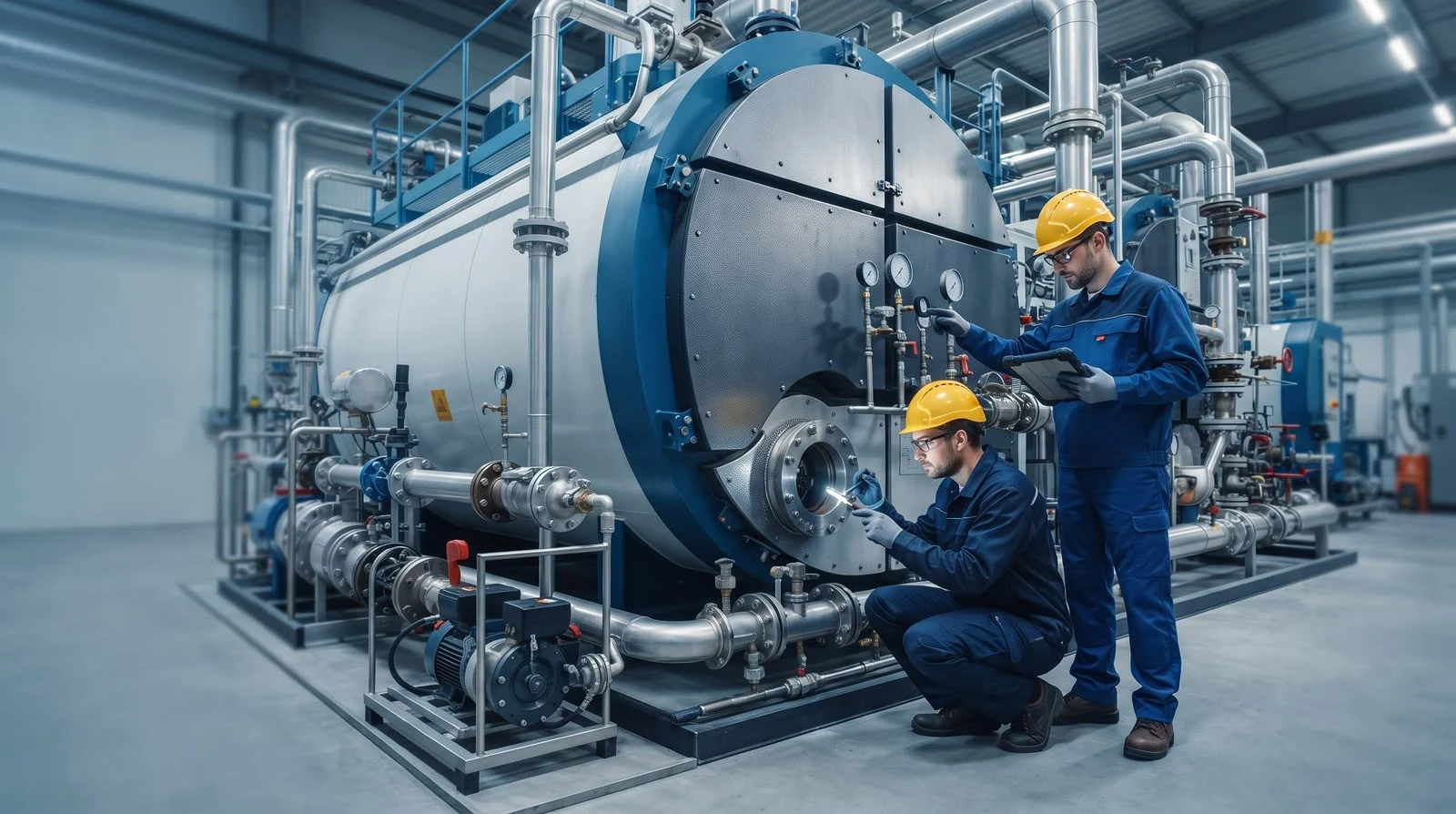 Técnicos inspecionando caldeira industrial
